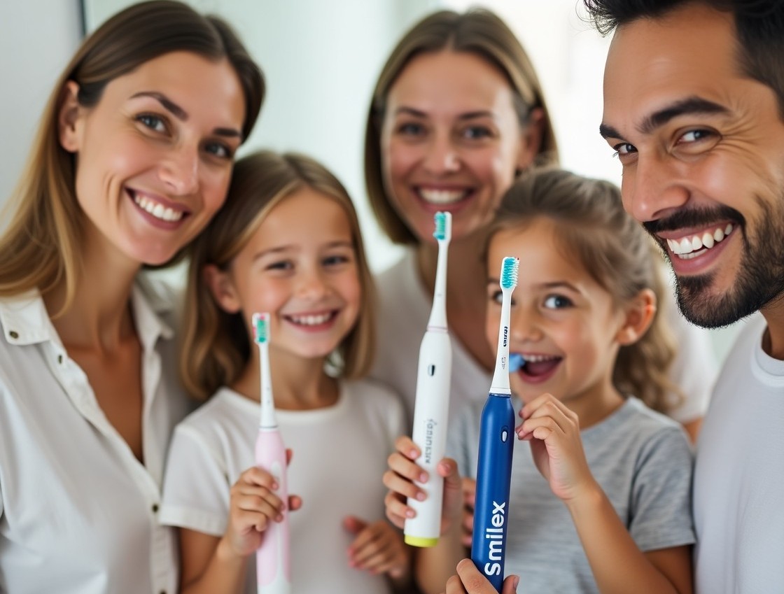 Happy family holding electric toothbrushes